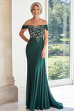 Elegante verde scuro fuori dalla spalla guaina chiffon lungo madre della sposa con ricamo