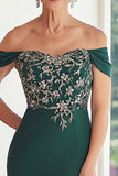 Elegante verde scuro fuori dalla spalla guaina chiffon lungo madre della sposa con ricamo