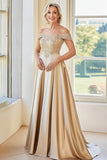 Elegante Champagne Off the Shoulder A-Line Matte Satin lungo madre della sposa con ricamo