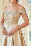 Elegante Champagne Off the Shoulder A-Line Matte Satin lungo madre della sposa con ricamo