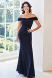 Navy Off The Shoulder Chiffon Guaina Madre del Vestito Da Sposa