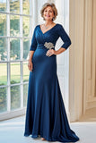 Navy V-Neck Raso ricamato increspato Madre della sposa Abito