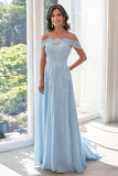 Cielo blu una linea fuori dalla spalla chiffon applicato madre del vestito da sposa