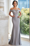 Grigio satinato opaco fuori dalla spalla guaina ricamata madre del vestito da sposa