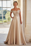 Una linea Champagne Off The Spalla ricamato madre dell'abito da sposa