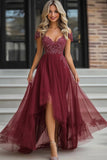 Una linea Borgogna Off The Spalla Appliqued Tulle Madre dell'abito da sposa