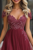 Una linea Borgogna Off The Spalla Appliqued Tulle Madre dell'abito da sposa