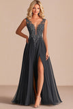 antracite una linea con scollo a v in pizzo applique madre dell'abito da sposa