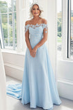 Cielo Blu Una Linea Off La Spalla Pizzo Appliques Madre del Vestito Da Sposa