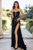 Senza spalline A Line Nero paillettes Prom Dress con fessura