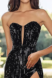 Senza spalline A Line Nero paillettes Prom Dress con fessura