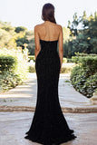 Senza spalline A Line Nero paillettes Prom Dress con fessura