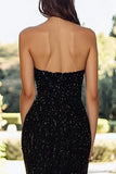 Senza spalline A Line Nero paillettes Prom Dress con fessura