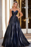 Glitter A Line Navy Sweetheart increspato Prom Dress