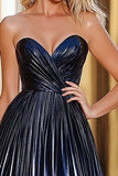 Glitter A Line Navy Sweetheart increspato Prom Dress