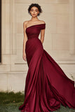 Borgogna guaina una spalla increspato satin prom dress