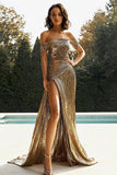 Oro Off The Spalla Guaina Metallico Raso Prom Dress con fessura