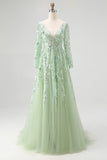 Dusty Sage Lace Applique Tulle Abito da Cerimonia con scollo a V con maniche lunghe