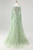 Dusty Sage Lace Applique Tulle Abito da Cerimonia con scollo a V con maniche lunghe