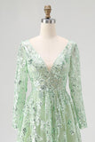 Dusty Sage Lace Applique Tulle Abito da Cerimonia con scollo a V con maniche lunghe