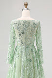 Dusty Sage Lace Applique Tulle Abito da Cerimonia con scollo a V con maniche lunghe