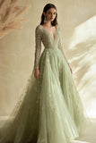 Dusty Sage Lace Applique Tulle Abito da Cerimonia con scollo a V con maniche lunghe