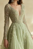 Dusty Sage Lace Applique Tulle Abito da Cerimonia con scollo a V con maniche lunghe