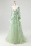 Dusty Sage Lace Applique Tulle Abito da Cerimonia con scollo a V con maniche lunghe