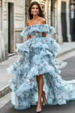 Blu floreale arruffato Organza Off la spalla asimmetrico Abito da Cerimonia