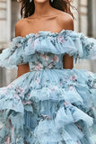 Blu floreale arruffato Organza Off la spalla asimmetrico Abito da Cerimonia