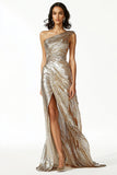 Glitter Gold Sheath One Spalla Increspato Abito da Cerimonia con fessura