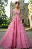 Fucsia Scollo A V A Line Lace Applique Abito da Cerimonia