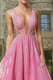Fucsia Scollo A V A Line Lace Applique Abito da Cerimonia