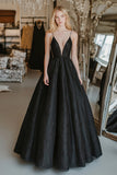 Lace A Line Abito da Cerimonia nero con scollo a V