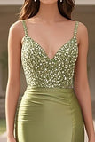Satin Sage V Neck Guaina in pizzo Applique Abito da Cerimonia con fessura