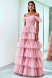 Tulle plissettato una linea off the spalla rosa Abito da Cerimonia