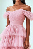 Tulle plissettato una linea off the spalla rosa Abito da Cerimonia