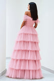 Tulle plissettato una linea off the spalla rosa Abito da Cerimonia