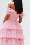 Tulle plissettato una linea off the spalla rosa Abito da Cerimonia