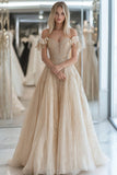 Scintillante Champagne Tulle Sweetheart Off the Shoulder Abito da Cerimonia