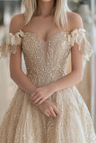 Scintillante Champagne Tulle Sweetheart Off the Shoulder Abito da Cerimonia