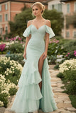 Menta Chiffon Cold Shoulder Appliques Ruffle Abito da Cerimonia con fessura