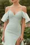 Menta Chiffon Cold Shoulder Appliques Ruffle Abito da Cerimonia con fessura