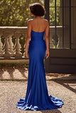 Royal Blue Satin V Neck Pleted Abito da Cerimonia con fessura