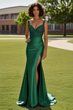 Spaghetti Straps guaina verde scuro raso in rilievo Abito da Cerimonia con fessura