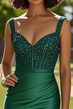 Spaghetti Straps guaina verde scuro raso in rilievo Abito da Cerimonia con fessura