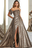 Oro Glitter Tessuto A Line Plissettato Abito da Cerimonia con fessura