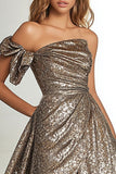 Oro Glitter Tessuto A Line Plissettato Abito da Cerimonia con fessura