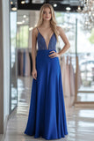 Royal Blue Deep V Neck Spaghetti Straps A Line Abito da Cerimonia