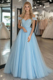 Pizzo Tulle A Line Sky Blue Off the Shoulder Abito da Cerimonia